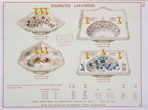 Dekorerede toiletter fra et katalog over sanitetsartikler produceret af Morrison, Ingram & Co., Manchester, udgivet ca. 1890 af English School